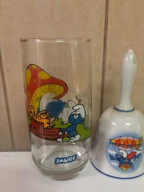 Collectors Smurf Glass Tumbler & ceramic bell